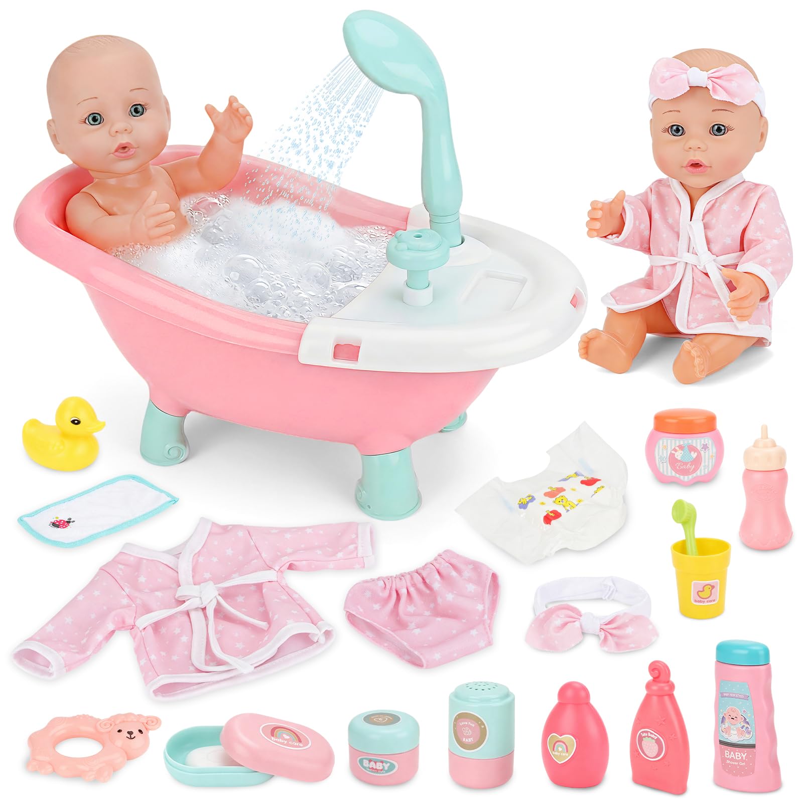deAO Bambola con Vasca da Bagno, Vasca Doccia Funzionante | Set di Bagno Bambola, 30cm Bambolotto Bambina con Accessori Igiene e Vestiti, Regalo Compleanno Natale per Bambine 3+ Anni