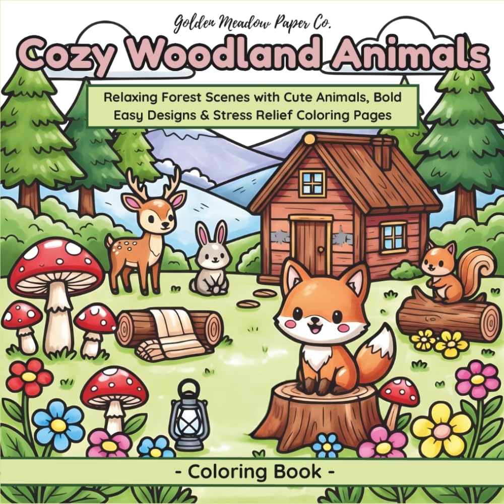 Cozy Woodland Animals: Relaxing Forest Scenes with Cute Animals, Bold Easy Designs & Stress Relief Coloring Pages