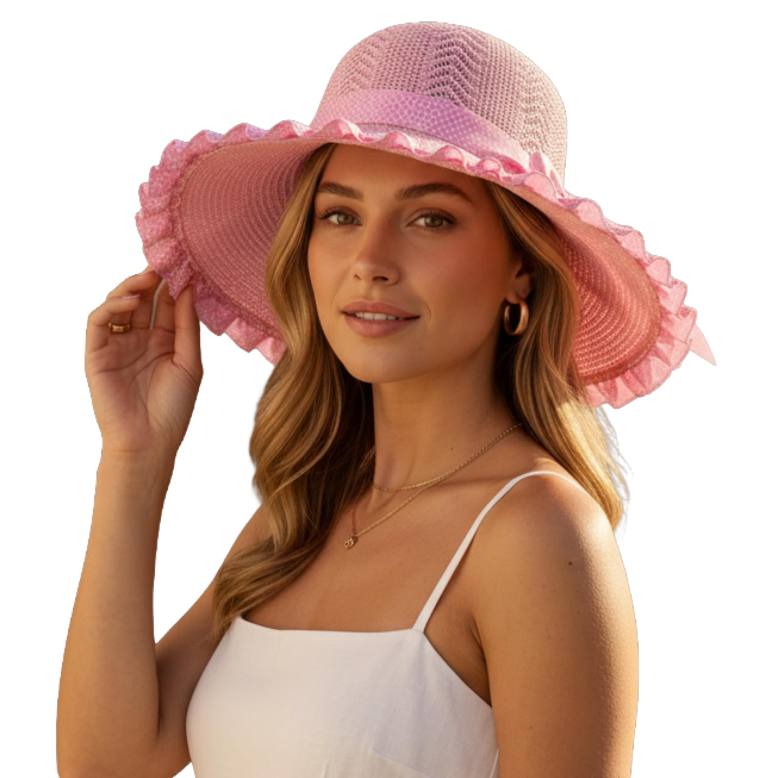 Bucket Hat for Women | Polka Dot Ribbon Bow | Wide Ruffled Brim Foldable Beach Vacation Travel Summer Hat Sun Protection-image-12