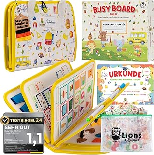 Lion's Collection Busy Board German with Travel Bag & Montessori Book - Quiet Book & Busy Book from 3 Years - Activity Board, Motor Skills Book & Learning Book - Montessori Toy & Travel Toy Car