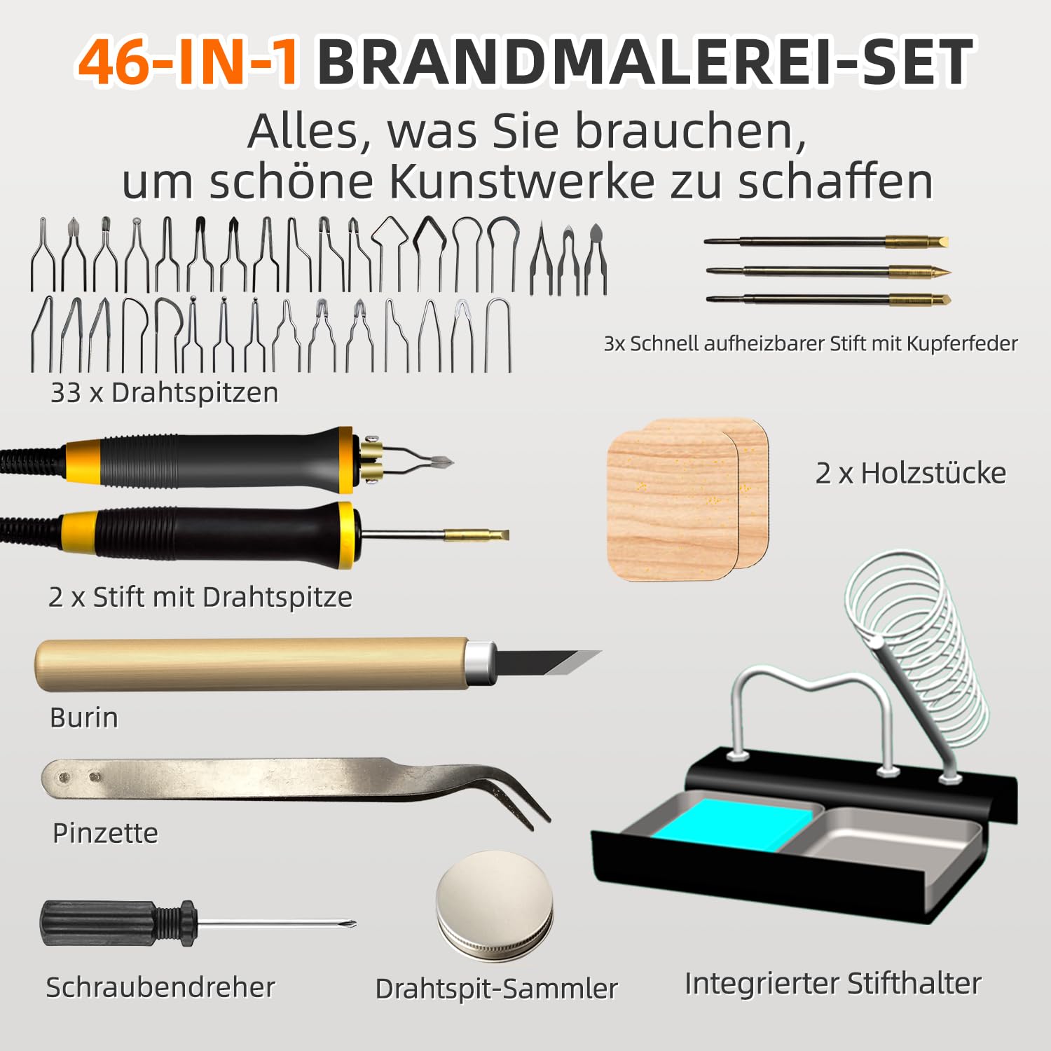 FIRElood LH55-T2-NS2 Holzverbrennungsset, Brandmalerei-Holzverbrennungswerkzeug-Set mit Brandmalerei-Maschine, 33 Drahtspitzen, 2 Holzverbrennungsstifte, einstellbare Temperatur 250–700 ℃