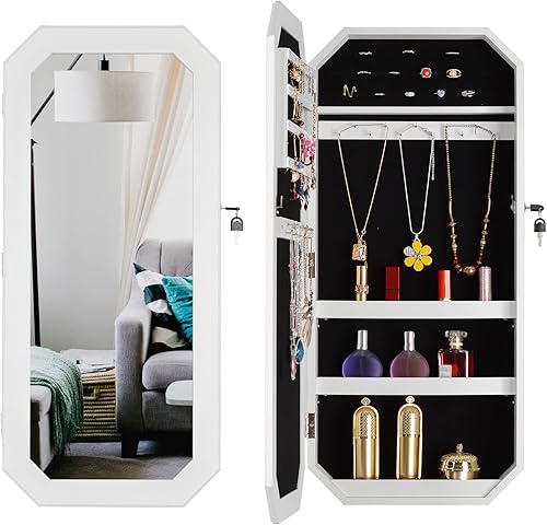 LCH Armario de joyería giratorio de 360 con espejo de longitud completa organizador de espejo de joyería de pie espejo con cerradura con