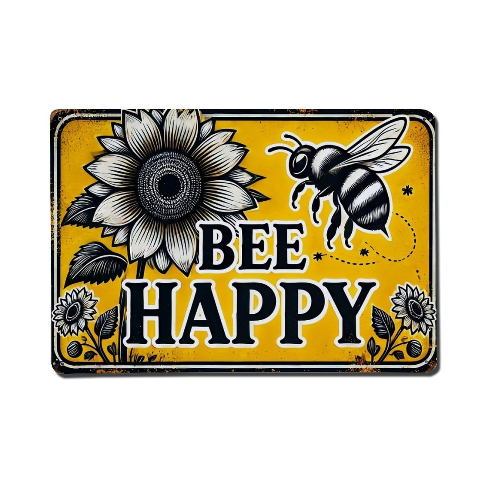 Bee Happy Sunflower Pattern Print Vintage Tin Sign Retro Metal Wall Decor Metal Poster, Home Bar Garage Farmhouse Cafe Wall Art Decoration 8x12Inches