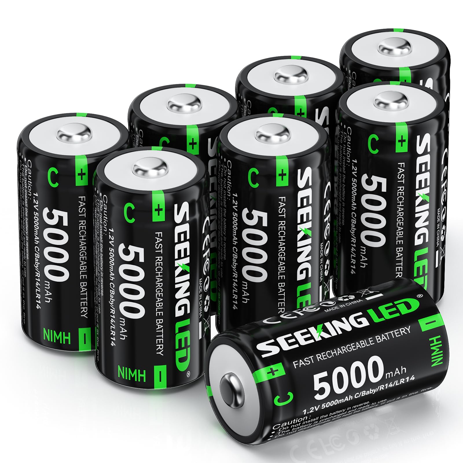 SEEKING LED Rechargeable C Batteries 8 Piece, 1200 Tech C Batteries, Ni-MH 5000mAh C Battery, Low Self-Discharge 1.2V C Battery