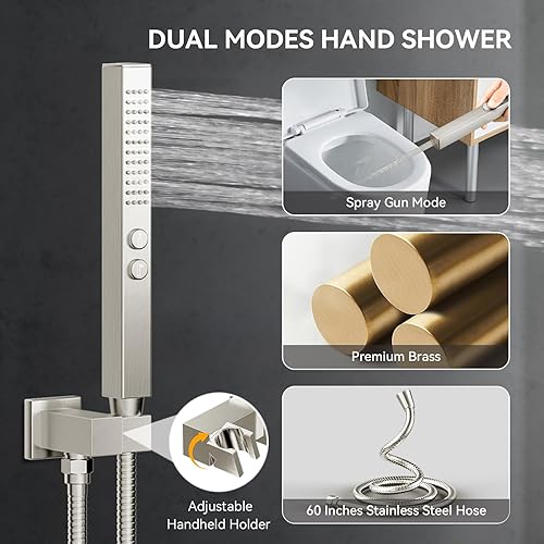 Miniatura 5 de Juego de grifo de ducha de níquel cepillado, grifo de ducha de cuatro modos con 2 en 1 de mano, cabezal de ducha de 12 pulgadas con cabezal de ducha