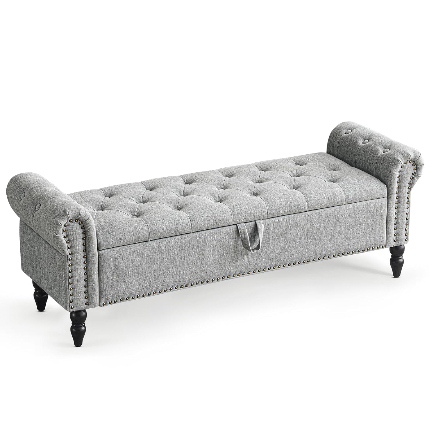 Zofra 63” End of Bed Bench, Bedroom Bench with Button-Tufted, Large Upholstered Storage Ottoman Benches Entryway with Storage Shoe Cabinet, for Bedroom, Living Room, Linen, Grey