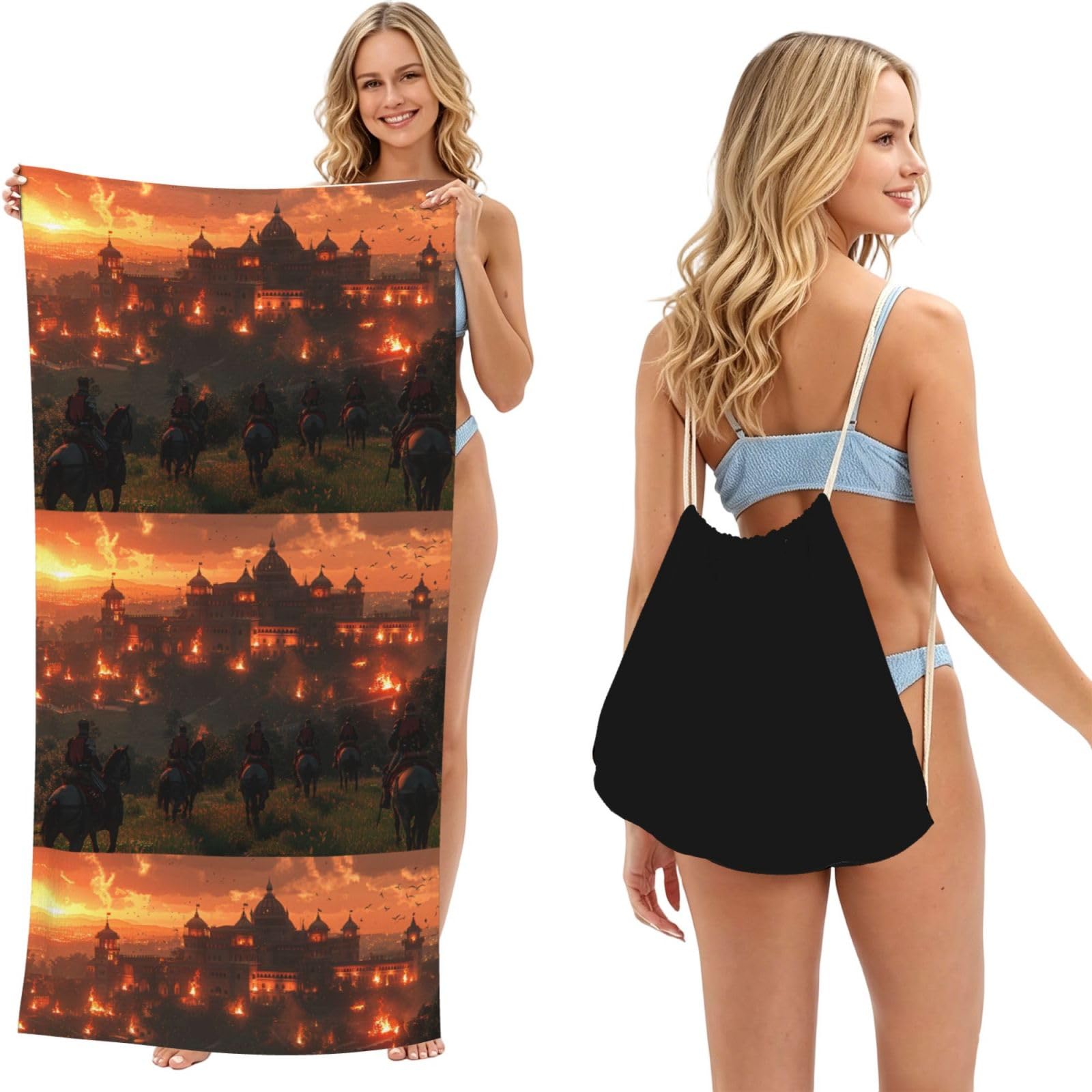 SKGOHLH City of Flames 2in1 Packable Beach Towel Bag Women