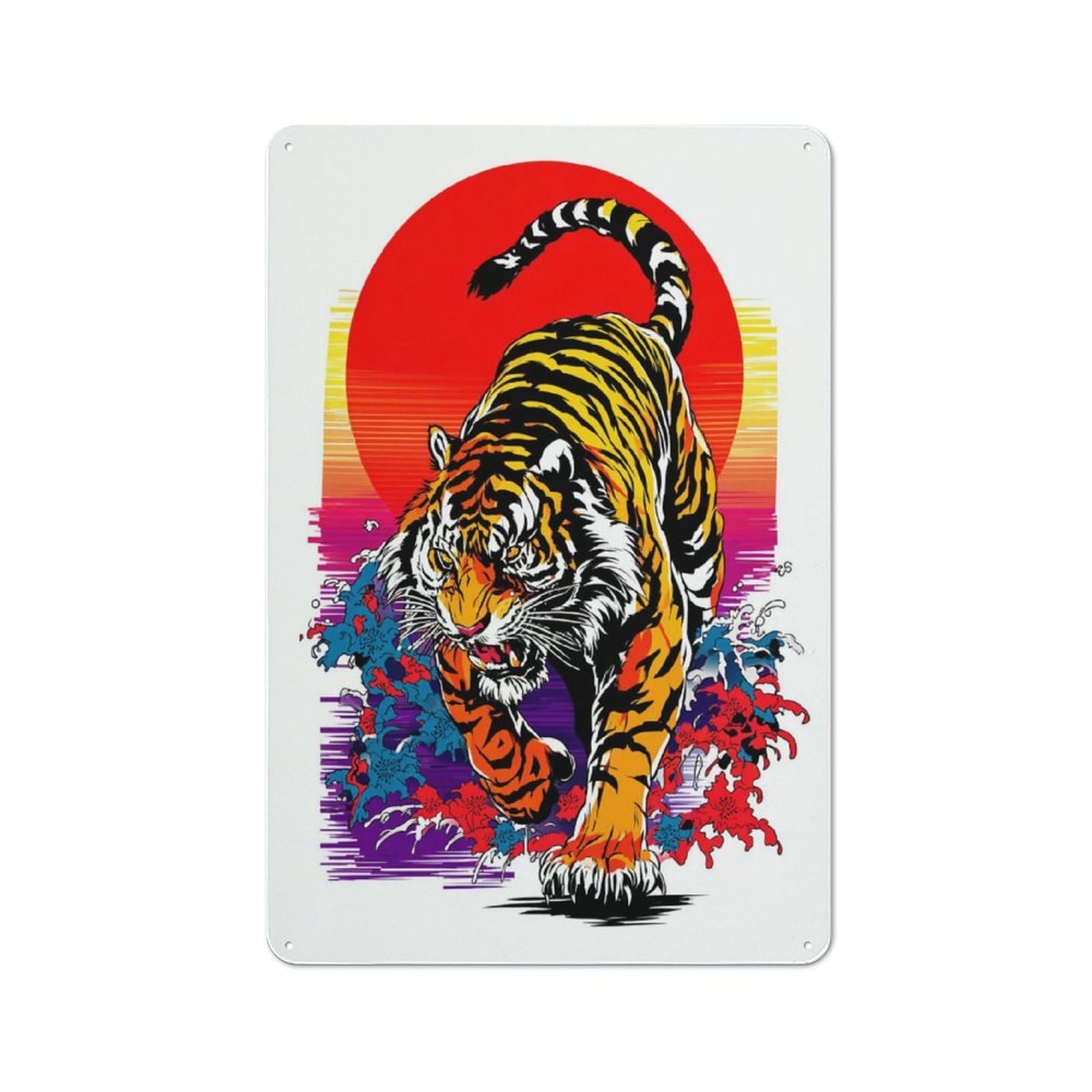 Junmoney Dynamic Tiger Sunset Illustration Metal Sign 30X20cm With For Home Bar Wall, Vintage Decor, Wall Decoration For Home Bars And Entertaining Spaces