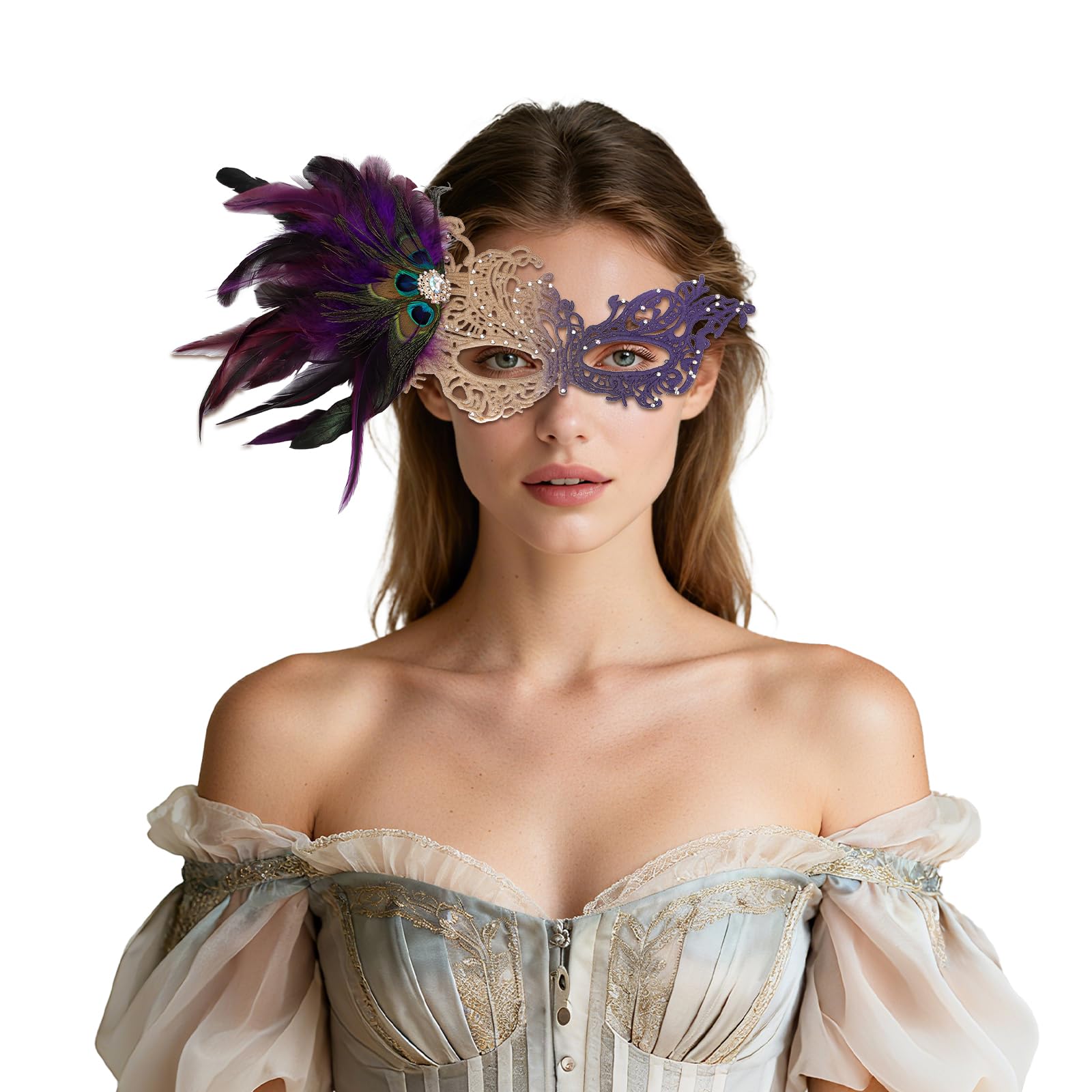 Oidea Feather Masquerade Mask for Women: Elegant Rhinestone Lace Half Face Party Mask Venetian Mardi Gras Masks Halloween Cosplay Prom Ball Costume Accessory Purple