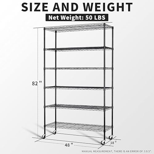 Miniatura 10 de Estantería de garaje, estantes de metal de 78 x 48 x 18 pulgadas, estantería de alambre de 6 niveles, ajustable, resistente, de acero, con ruedas