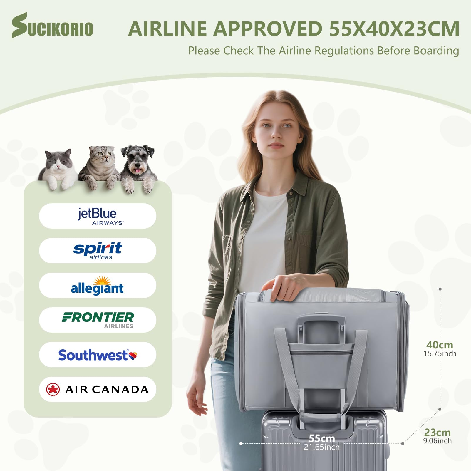 Sac Transport Chat Petit Chien Avion 55x40x23 Cabine Pliable Respirant Caisse Transport Chat Dog Carrier Bag Avec Matelas en Peluche Amovible, Gamelle Chat pour Chats et Chiots Jusqu’à 12 kg