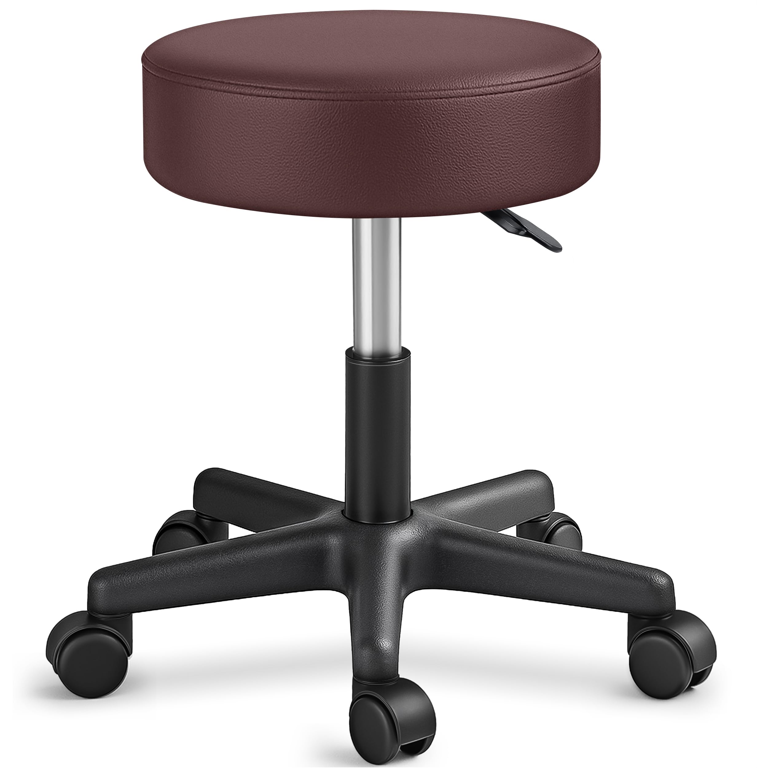 TRESKO Rollhocker höhenverstellbar Braun bis 150 kg | Hocker Drehhocker 10 cm Dicke Polsterung 47-60 cm Sitzhöhe | Arbeitshocker Bürohocker 360° drehbar mit Rollen