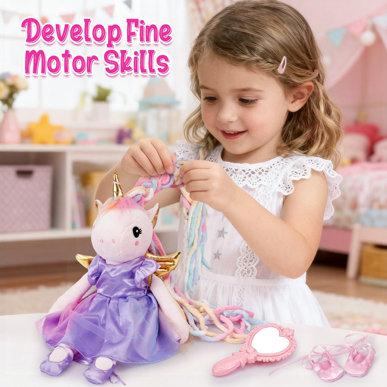 Peluche Unicorno Bambina Regalo, 43cm Peluche Unicorno Giocattolo Set con 3 Cambio di Vestiti & Borsetta, Unicorno Bambola da Vestire Compleanno Natale Regalo per Bambina 3 4 5 6 7 8 Anni
