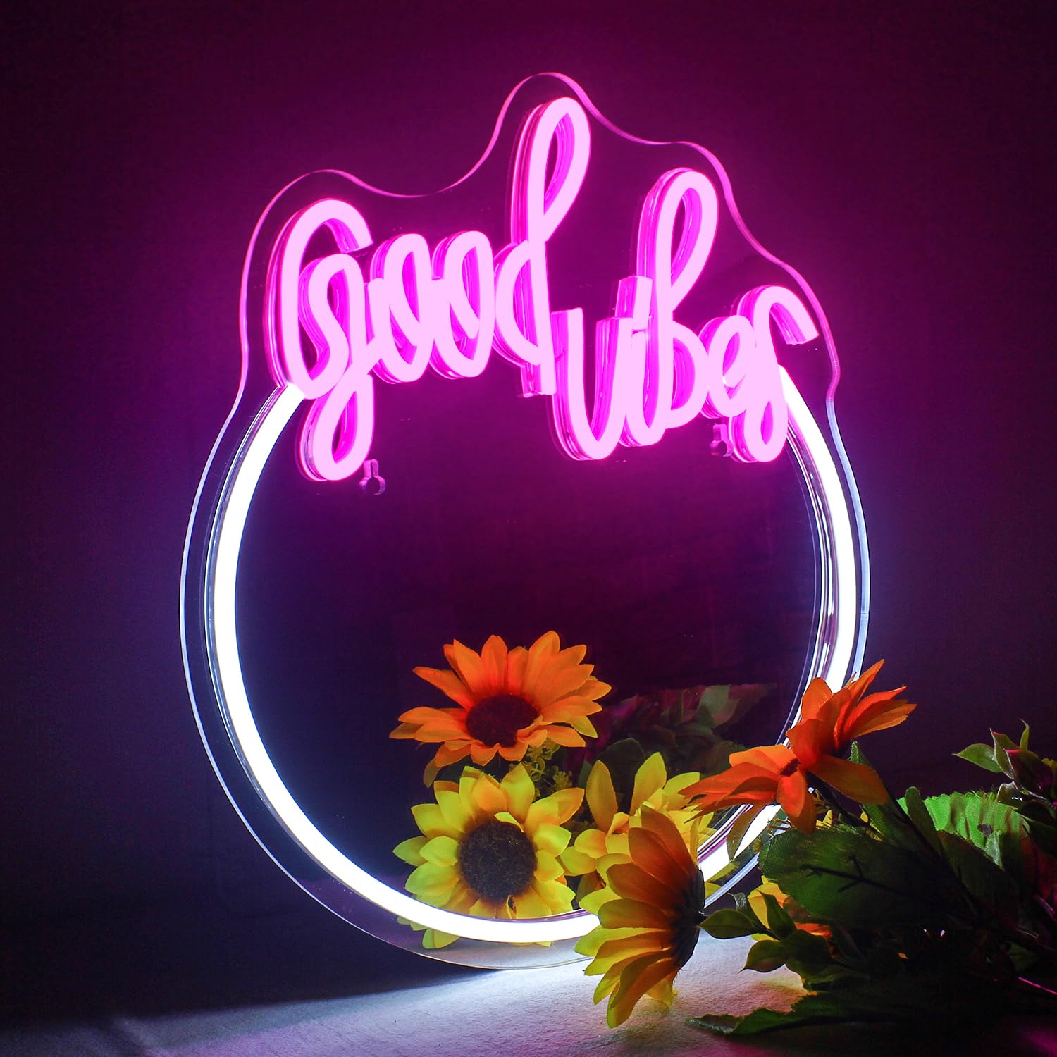 SIGNSHIP Good Vibes Neon Schild, Rosa Neon Spiegel Schild für Wand, LED Neon Sign, USB Powered Brief Spiegel Neon Licht Zeichen für Schlafzimmer Parteien Hochzeit Mädchen Zimmer Dekor