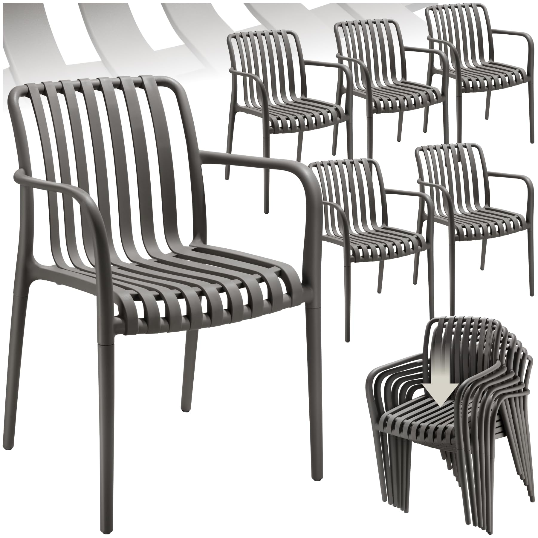 tectake® Set of 6 Garden Chairs in Light, Airy Design, Garden Chair Set in Weather-Resistant Plastic with Slatted, Curved Seat, Stackable Outdoor Armchair Set for Backyard, Patio, Balcony - Anthracite