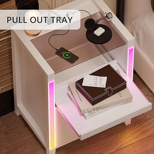 Miniatura 8 de Mesita de noche con estación de carga, luces LED, mesita de noche con estante extraíble y 2 cajones, mesita de noche con mesa de vidrio templado,