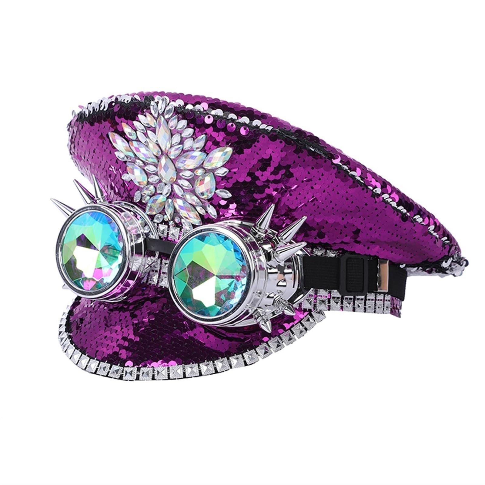 QBJMY Handmade Sequin Captain Hat with Removable Punk Goggles Mardi Gras Carnival Costume Hat Music Festival Cap(C)