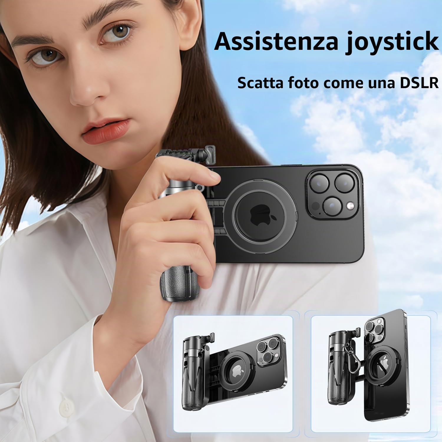 yAyusi Mini Bastone Selfie Magnetico, Treppiede Smartphone Mag-Safe 4 in 1 Piccolo, Dotato di un Supporto per Telefono Staccabile e Luce di Riempimento, Adatto per iPhone/Android/Vlog/Foto/Video