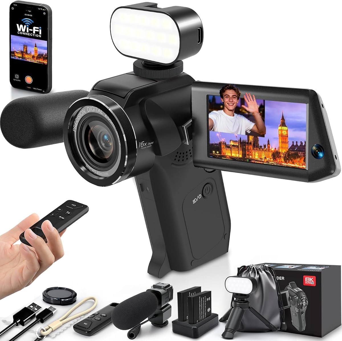 8K Video Camera, Dual Lens Camcorder with WiFi Vlogging Camera for Youtube | 75MP Recorder, Webcam, 270° Rotatable Screen, with Microphone, Fill Light, Remote Control, mini Tripod, Batteries, Charger