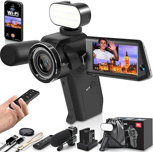 Cámara de video 8K de 75 MP con WiFi de doble lente para cámara de vlogging de pantalla de rotación de YouTube con micrófono, luz de relleno,