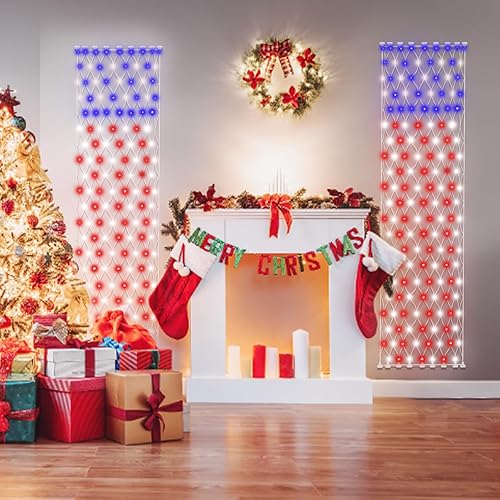 Miniatura 6 de Leisure world 160 luces LED solares rojas, blancas y azules, 6.6 pies x 1.5 pies, luces de bandera para decoración de porche de Navidad, 8 modos de