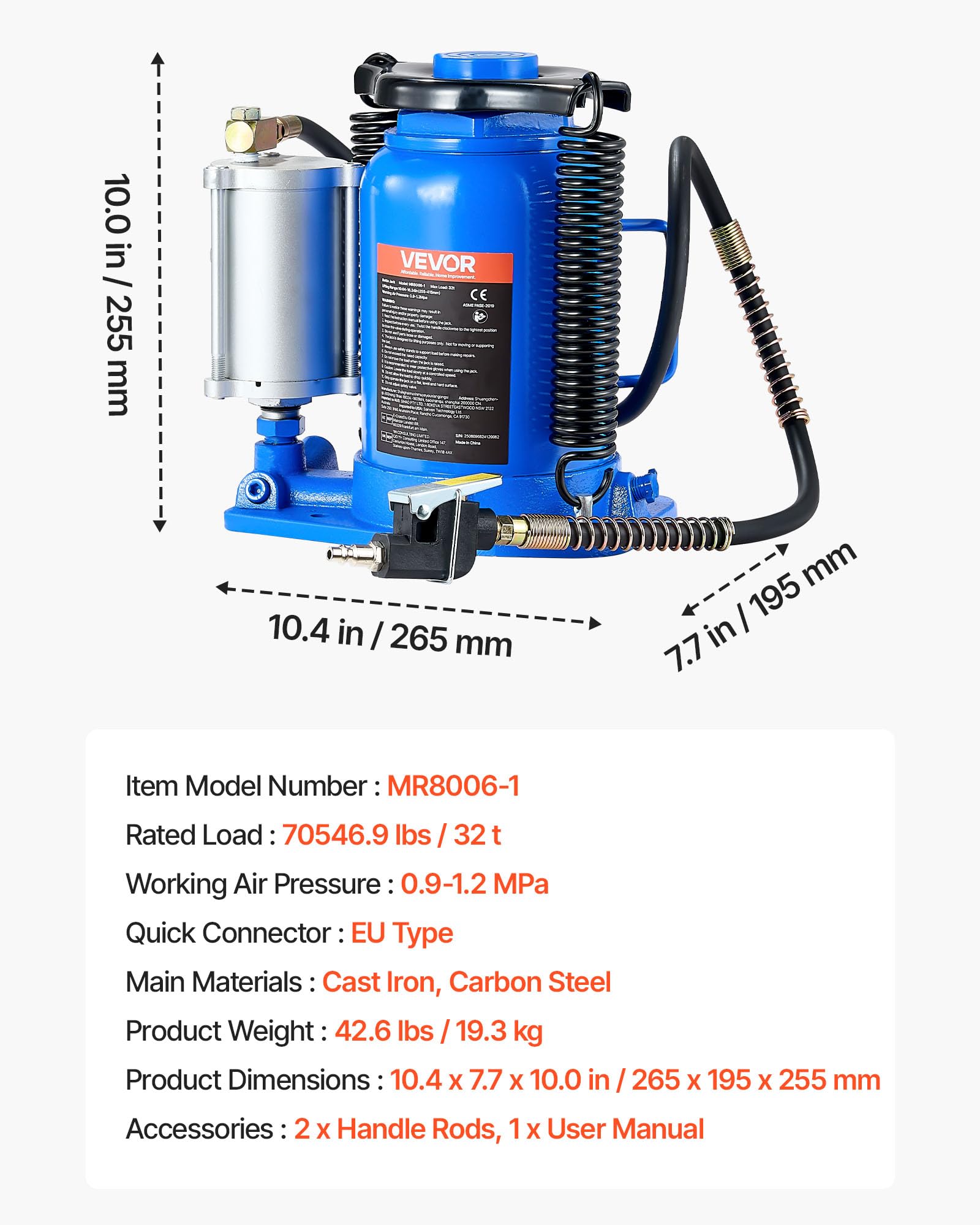VEVOR Sollevatore a Bastone da Pavimento Capacità 32 t, Intervallo di Sollevamento 255-415 mm, Cric a Bottiglia Saldato per Impieghi Gravosi Pneumatico o Manuale con Pompa per SUV, Camion