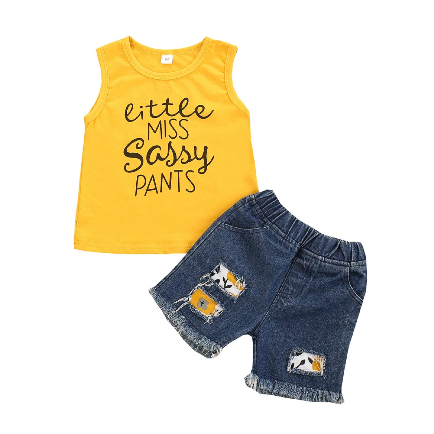 Toddler Little Baby Girl Summer Outfits Ruffle Sleeve Leopard T Shirt Tops Denim Shorts 2PCS Clothes Set (Little Miss Sassy Pants Yellow, 3-4T)