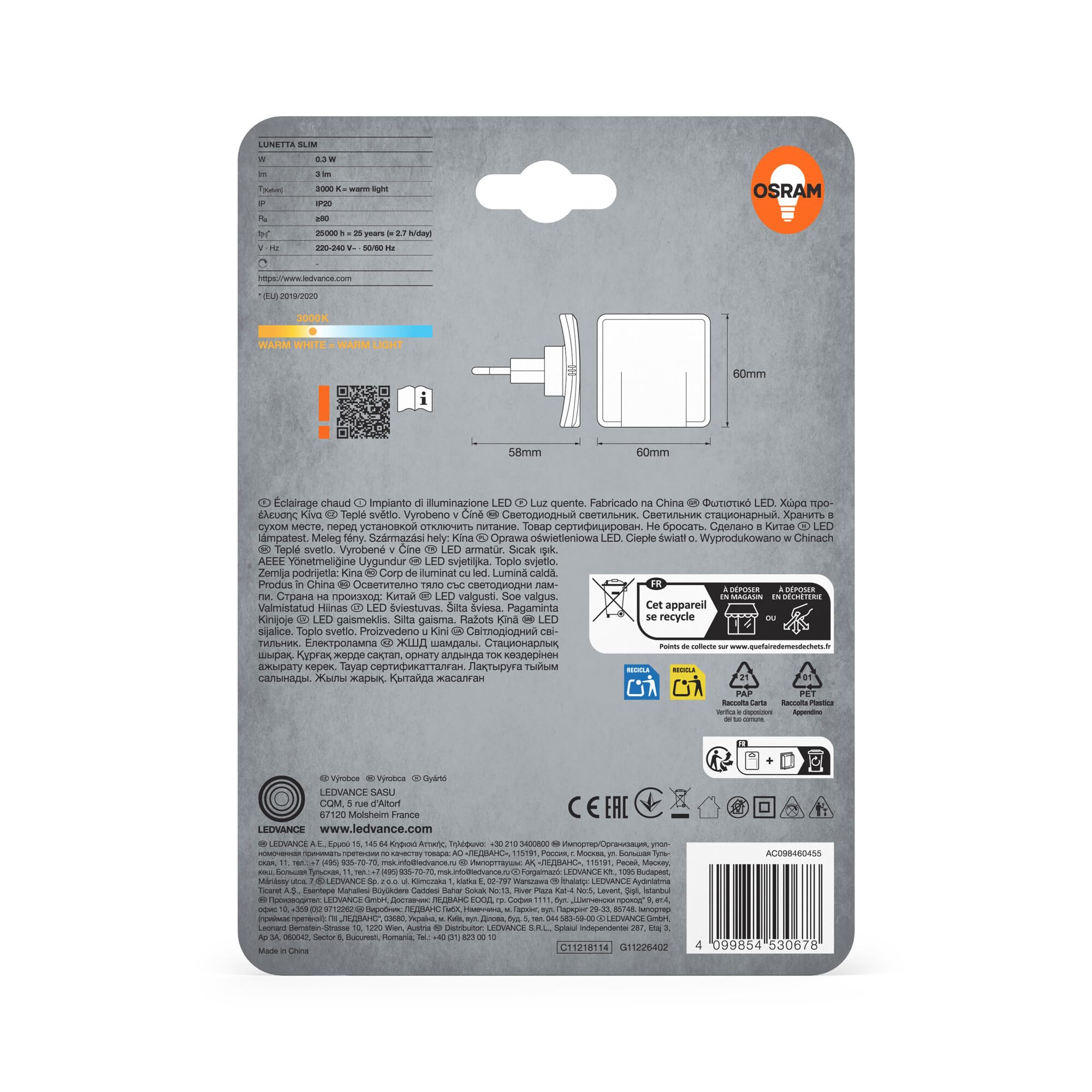 OSRAM LUNETTA Slim Night Light Biała 3000K LED 3 lm 0,3 W z czujnikiem dzień/noc, IP20, pośrednie wyjście światła, montaż w gnieździe
