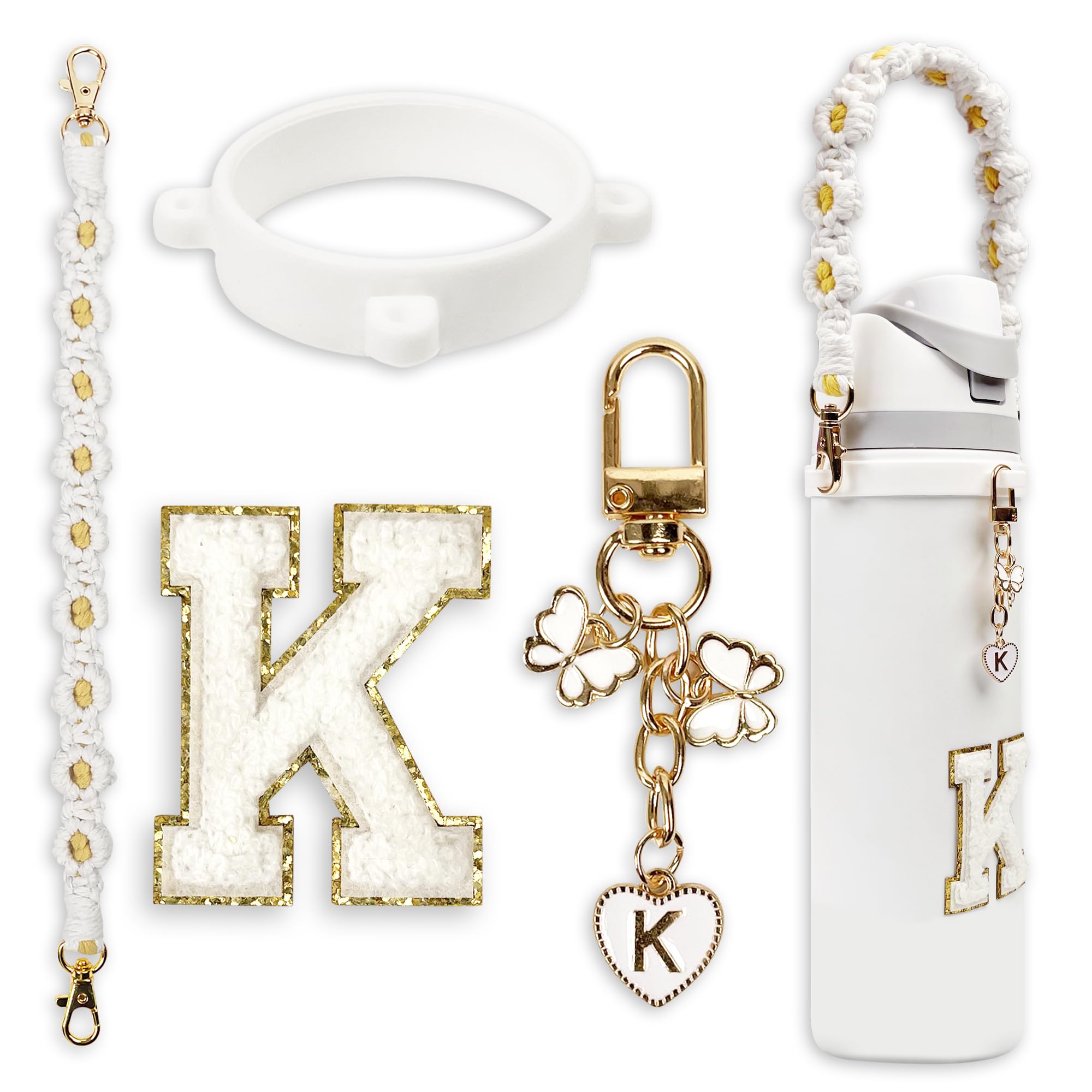 Cute Letter Charm Set Compatible with Owala Water Bottle 24 oz, 32 oz, 40 oz, Owala Kids, Owala Coffee Tumbler, Owala FreeSip – Includes Handle Strap, for Owala & Stanley Cup Accessories (White, K)