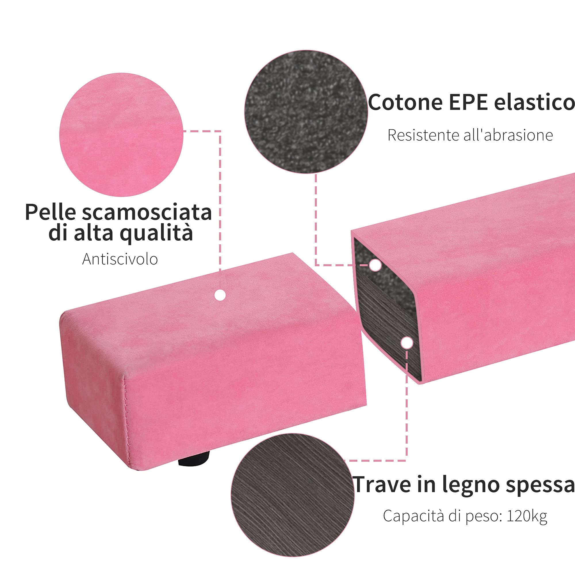 HOMCOM Trave da Ginnastica Equilibrio Allenamento Pieghevole Casa Legno 210 × 10 × 6.5cm Rosa