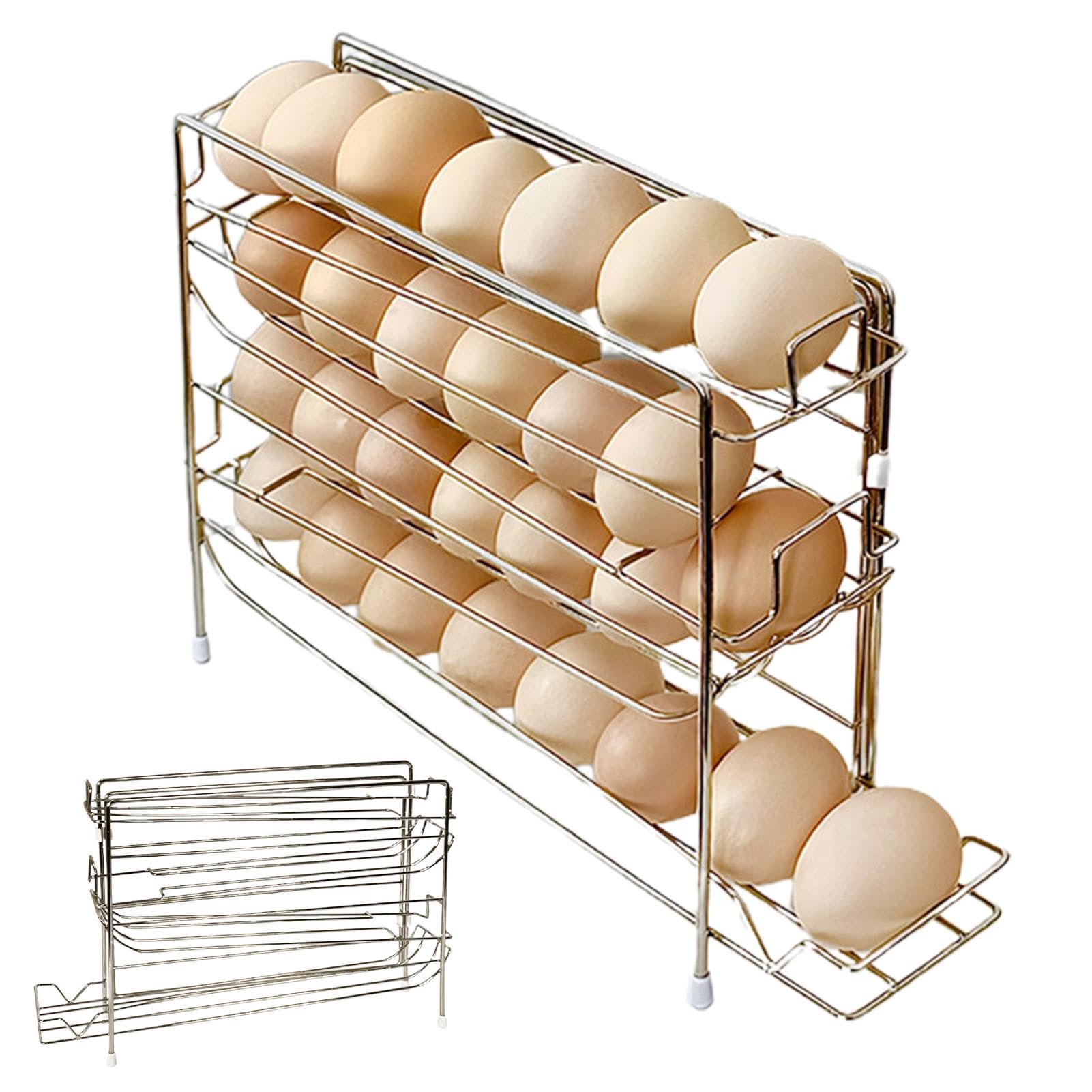 Egg Holder - Fridge Organizer Eggs | 4 Tiers Automatic Rolling Egg Rack Counter Top Egg Holder | Metal Egg Dispenser Egg Storage Container for Kitchen, Counter, Refrigerator, Cabinets, Tables