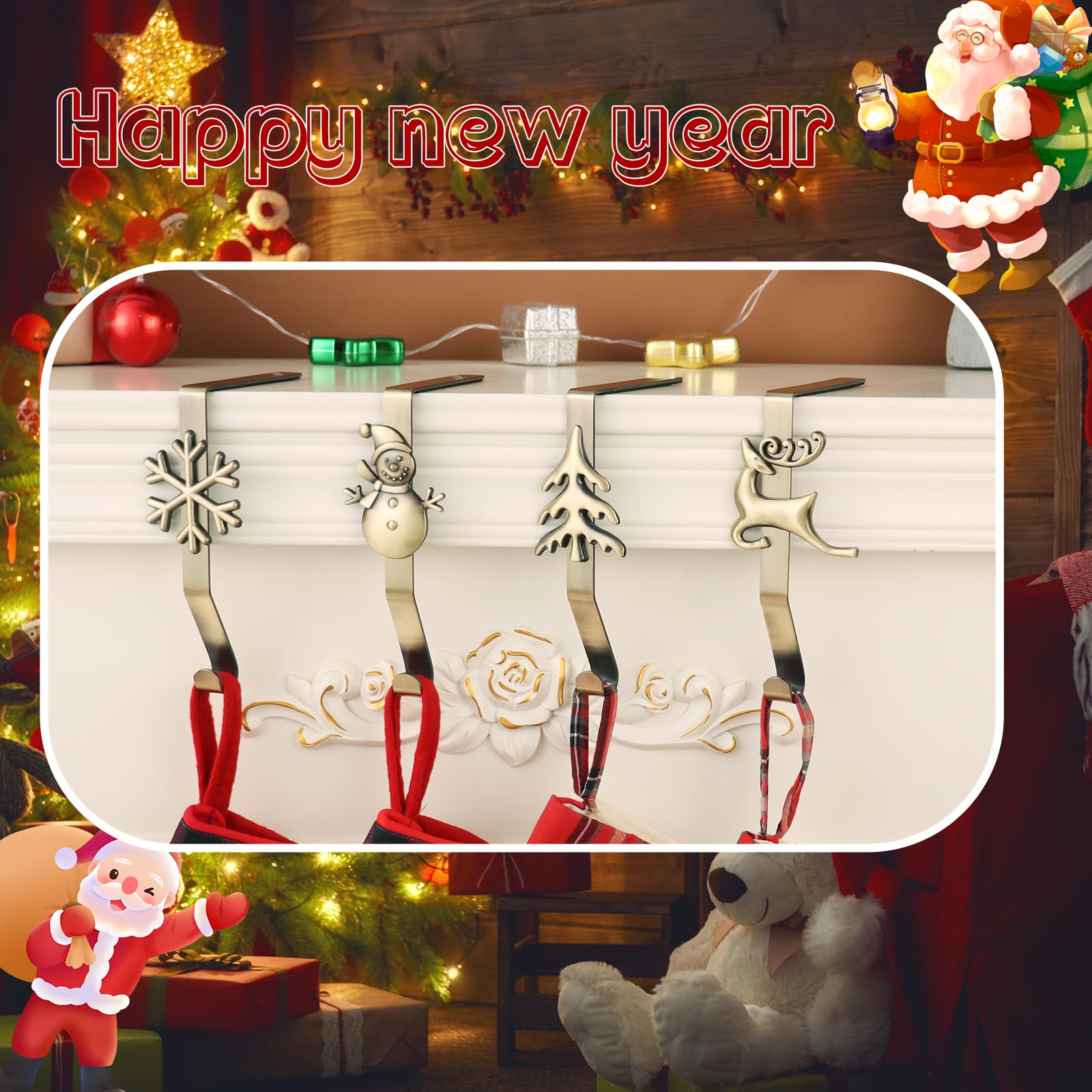 Lot de 4 supports de chaussettes de Noël – Différents motifs pour cheminée – Crochets pour chaussettes de Noël pour décoration de Noël (bronze)