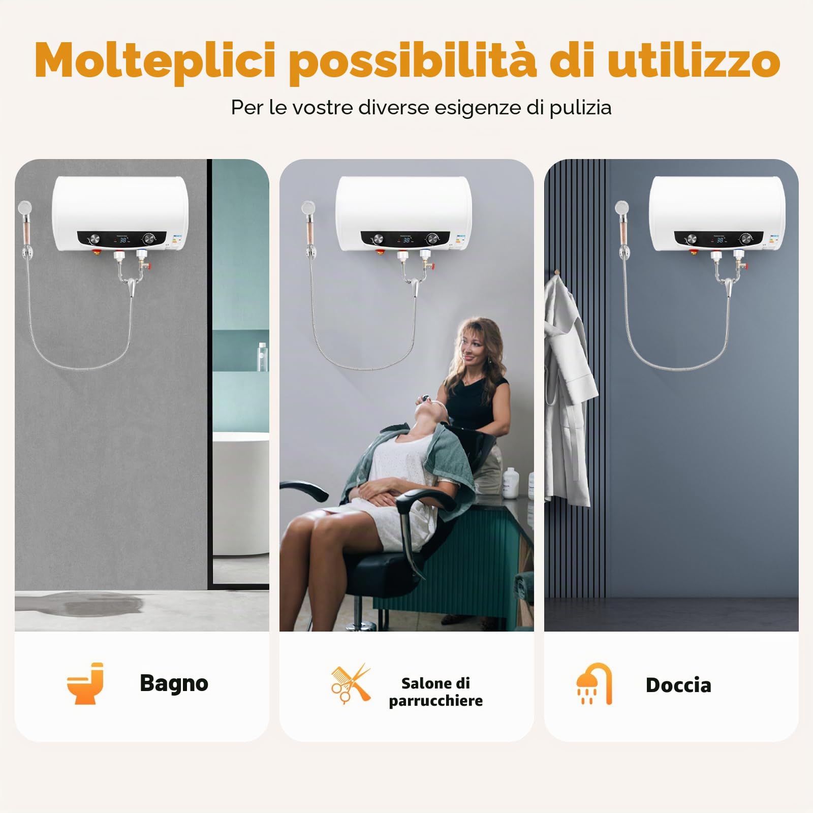 Scaldabagno elettrico, scaldabagno elettrico, 220 V, 2000 W, scaldabagno istantaneo con doccetta e tubo orizzontale 25 – 75 °C per bagno, parrucchieri
