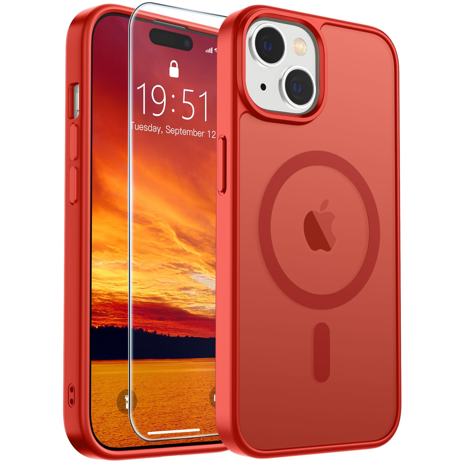 SUPFINE Magnetic for iPhone 15 Case Red | With Screen Protector, Translucent Matte, Compatible with MagSafe, Military Grade Drop Proof, Rugged Shockproof Protective