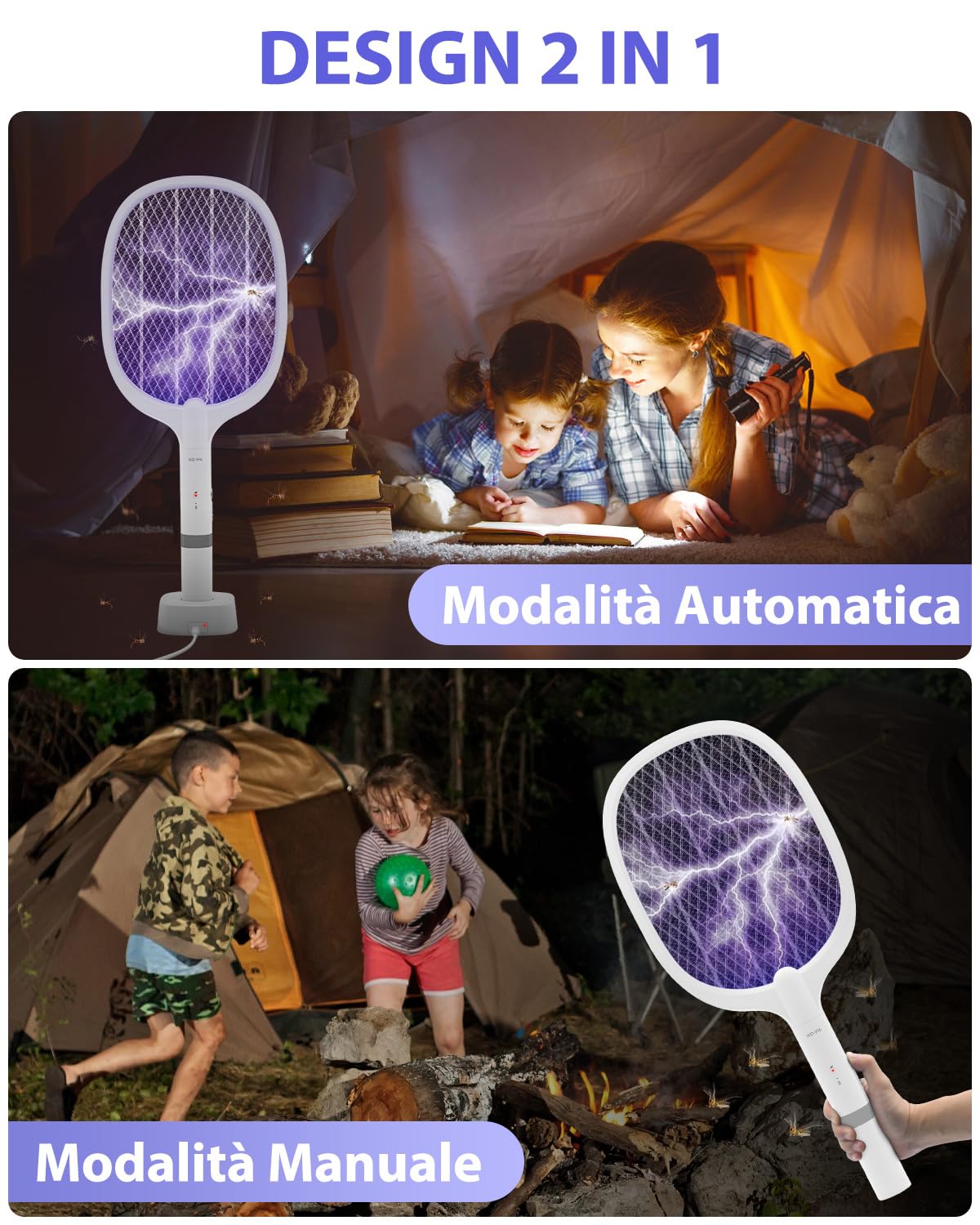 Racchetta Zanzare Elettrica Ricaricabile 4000V, Paletta Mosche con LED Viola, Batteria 1800mAh, Base di Ricarica USB, Griglia a 3 Strati, per Casa, Cucina, Giardino, Interni ed Esterni