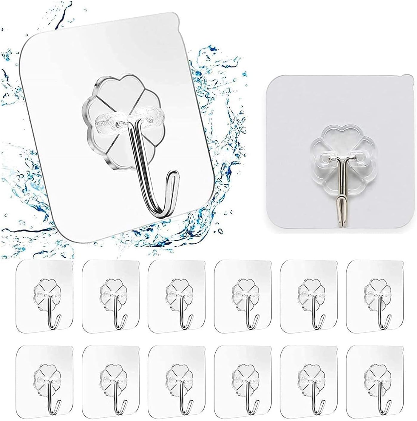 TECHNOVIBES™ Adhesive Wall Sticky Hooks Heavy Duty Utility Hook Transparent Reusable Wall Hangers 10KGS/22lb Waterproof for Home Kitchen Bathroom Bedroom Dorm Keys Bag Towels - Plastic, Pack of 15