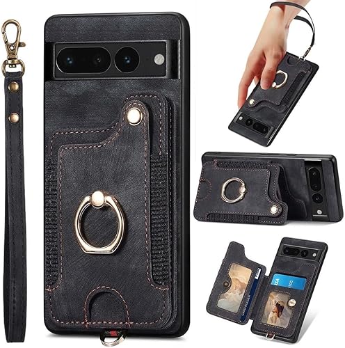 JanCalm Funda para Pixel 7 Pro, tarjetero para Google Pixel 7 Pro, soporte de anillo, bloqueo RFID, correa de muñeca, protector de cámara, funda