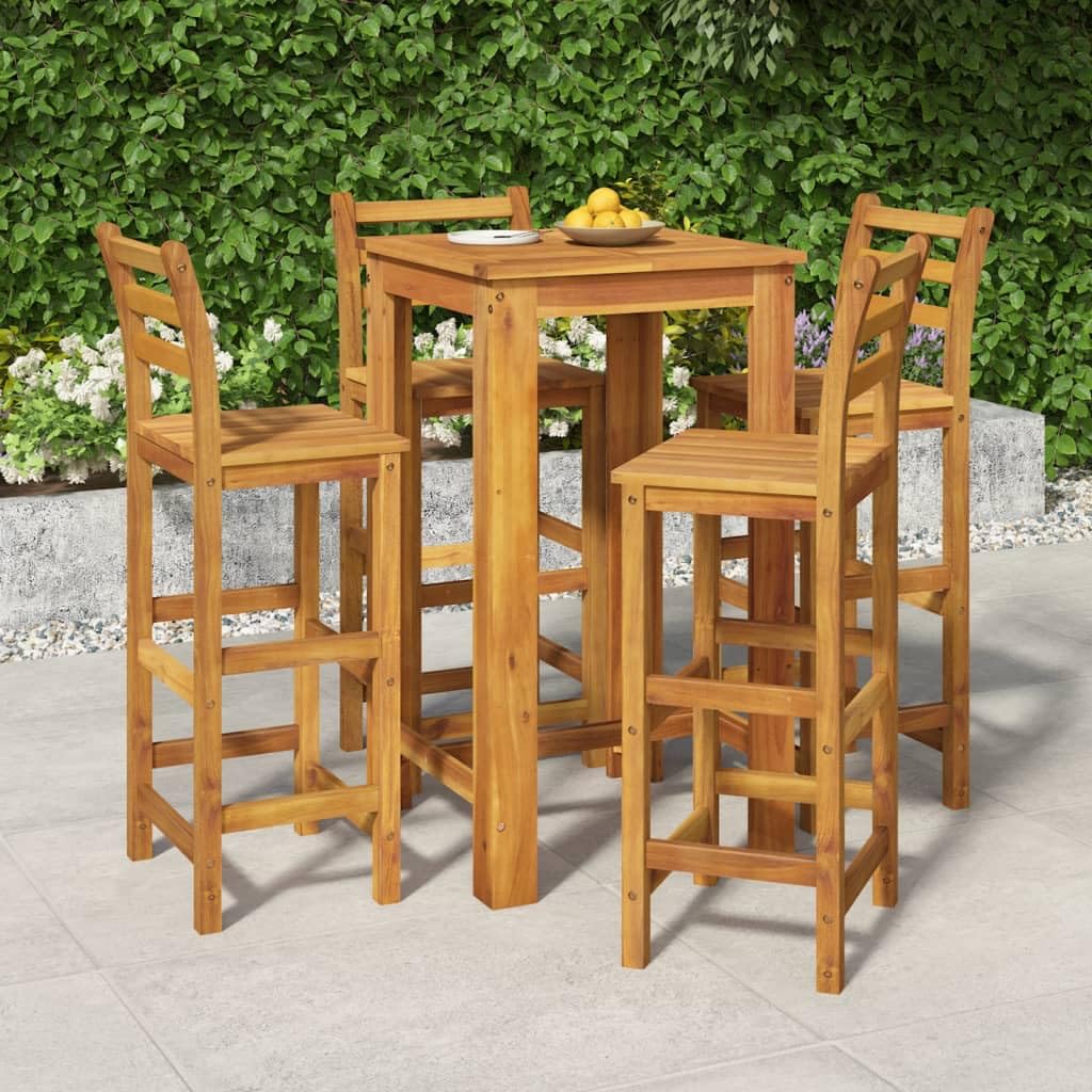 Willood Mesa y Taburetes Altos de Jardín 5 pzas, Juego de Muebles de Bar, Mesa Sillas Altas, Mesita Asientos Exterior, Madera Maciza Acacia