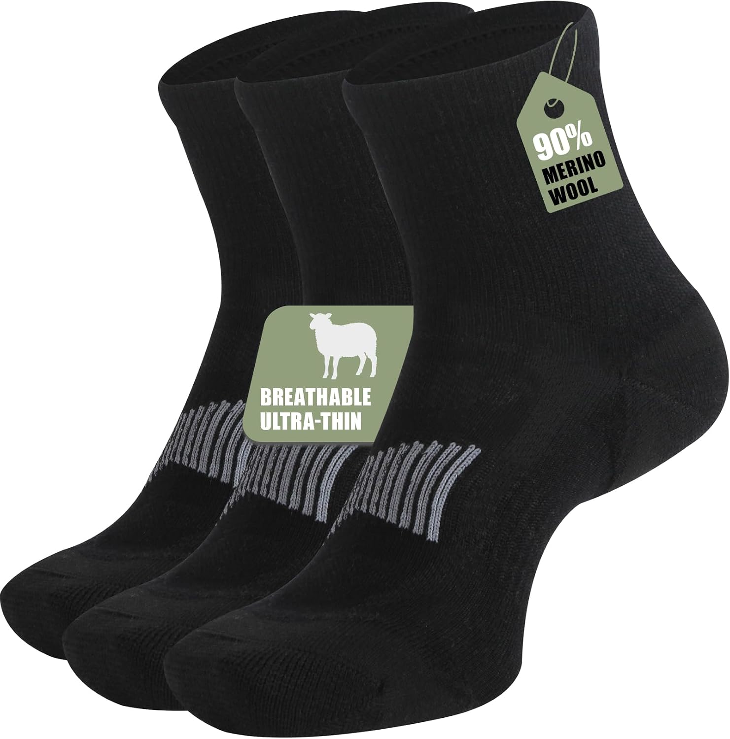 90% Merino Wool Socks for Men Athletic Ankle Socks for Women with Arch Support Breathable Soft Wool Ankle Socks,3 Pairs