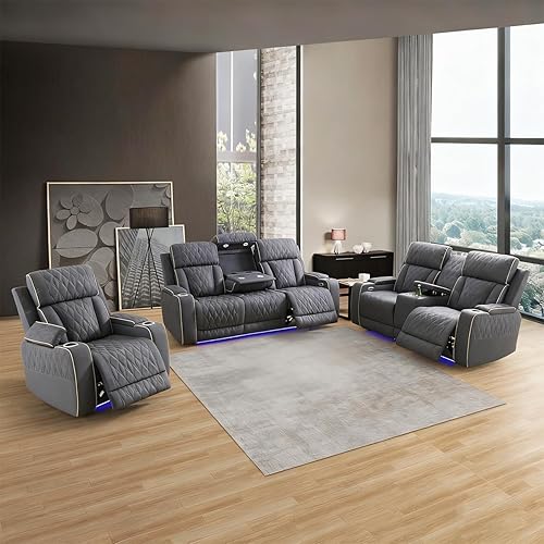 Miniatura 17 de Juego de sofá reclinable eléctrico para sala de estar, juego de sofá reclinable de cuero con luces LED, puertos USB, almacenamiento oculto, juego de