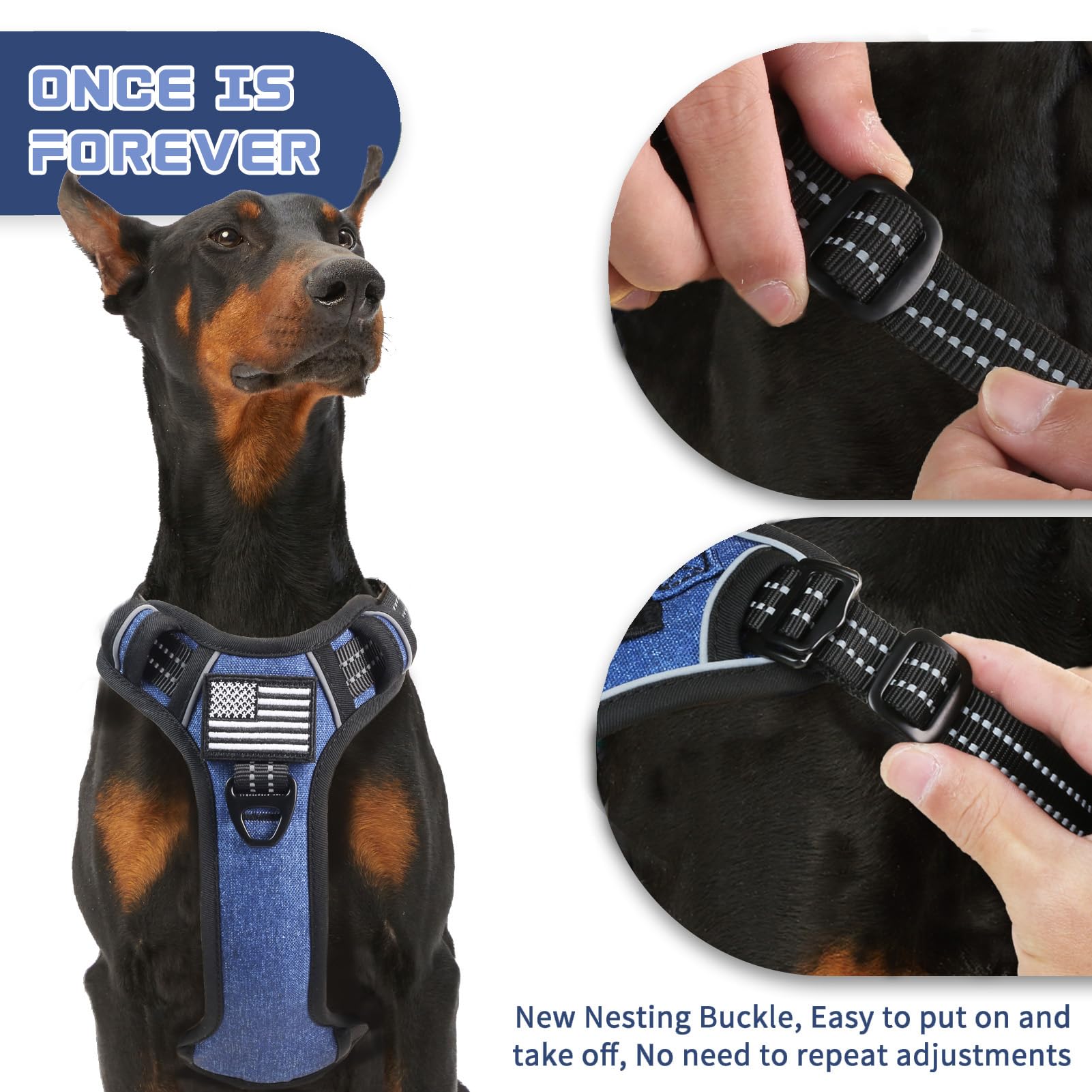 BUMBIN Arnés táctico para perros pequeños, sin tirones, famoso en TikTok, arnés inteligente reflectante para adiestramiento y paseo, arnés ajustable tipo chaleco con asa, azul vaquero, talla XL