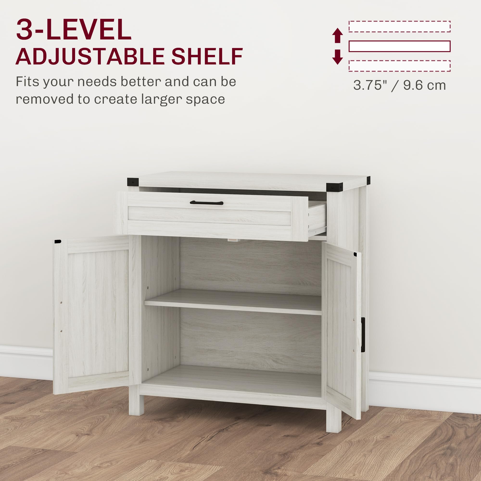 HOMCOM Sideboard Cabinet – Distressed White, Solid Wood Top, 2 Drawers & 2 Doors, Adjustable Shelf, For Kitchen, Dining Or Entryway