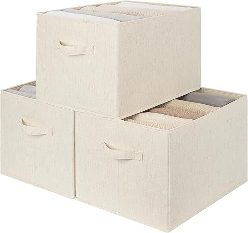 Miniatura 23 de StorageWorks - Cestas de almacenamiento para estantes, contenedores plegables de almacenamiento de tela para armario con asas de poliuretano, Blanco