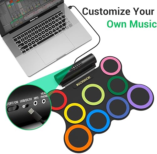 Miniatura 6 de Juego de batería eléctrica de 9 almohadillas con auriculares, almohadilla de batería enrollable más grande, juego MIDI USB, altavoz integrado,