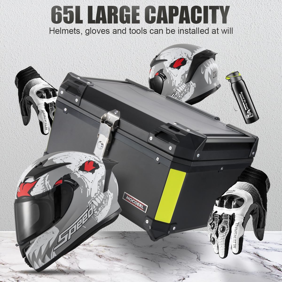 MOCOERL Maleta Moto Topcase Negra 60L Plástico ABS Impermeable Portaequipajes Caja Moto Soporte Universal 2 Cascos