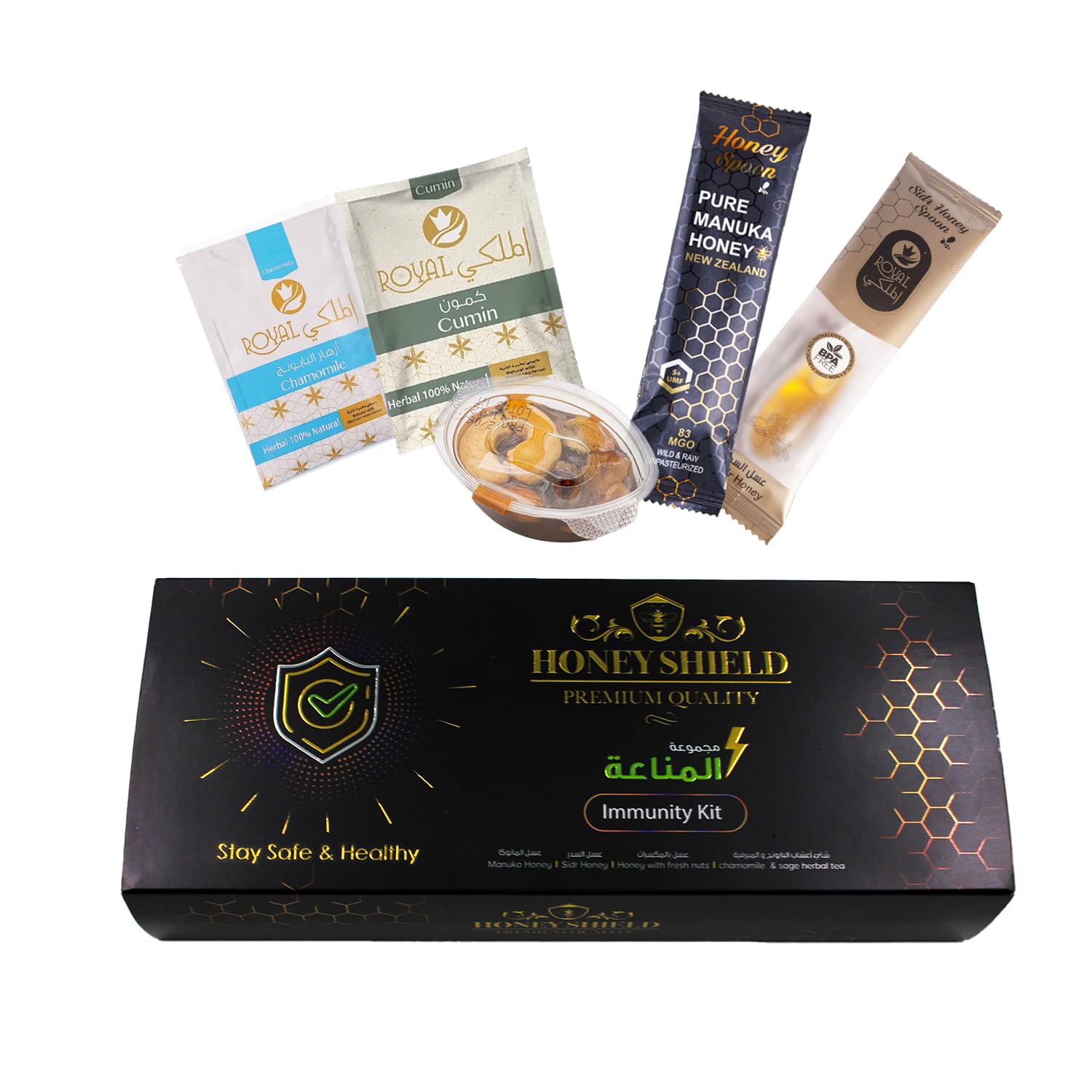 Al-Malaky Royal AL MALAKY Immunity Kit 5 in 1, Boosts Metabolism, Free from any Preservatives, 100% Pure & Natural Honey - (Manuka & Sider honey spoon, honey with nuts and tow herbal tea)
