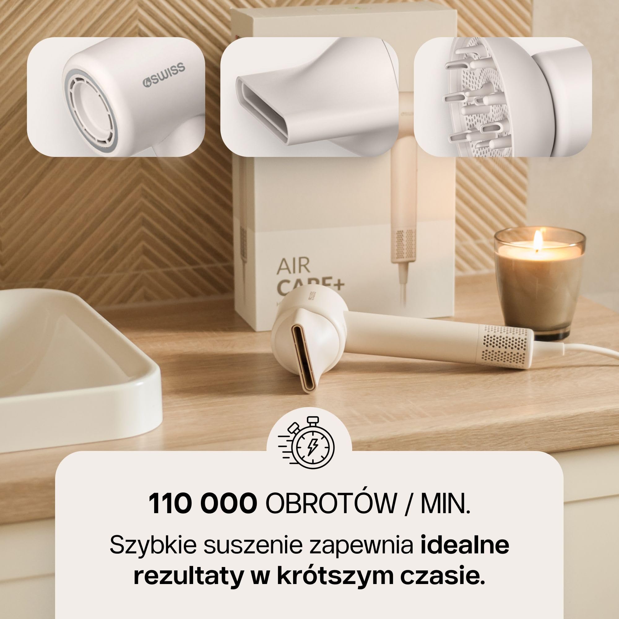 4SWISS F324 AirCare+ Suszarka do Włosów – 8 Trybów, Magnetyczna Dysza, 110,000 obr./min, Inteligentna Kontrola Temperatury, Zimny Wiatr, Szybkie Suszenie, Niskie Zużycie Energii, Lekka i Kompaktowa