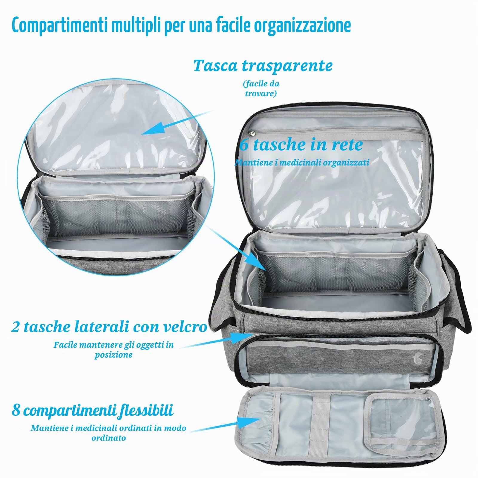 Borsa Medica Vuota, Kit di Pronto Soccorso Portatile Impermeabile, Kit Farmaci per Casa, Ufficio, Esterno, Grigio