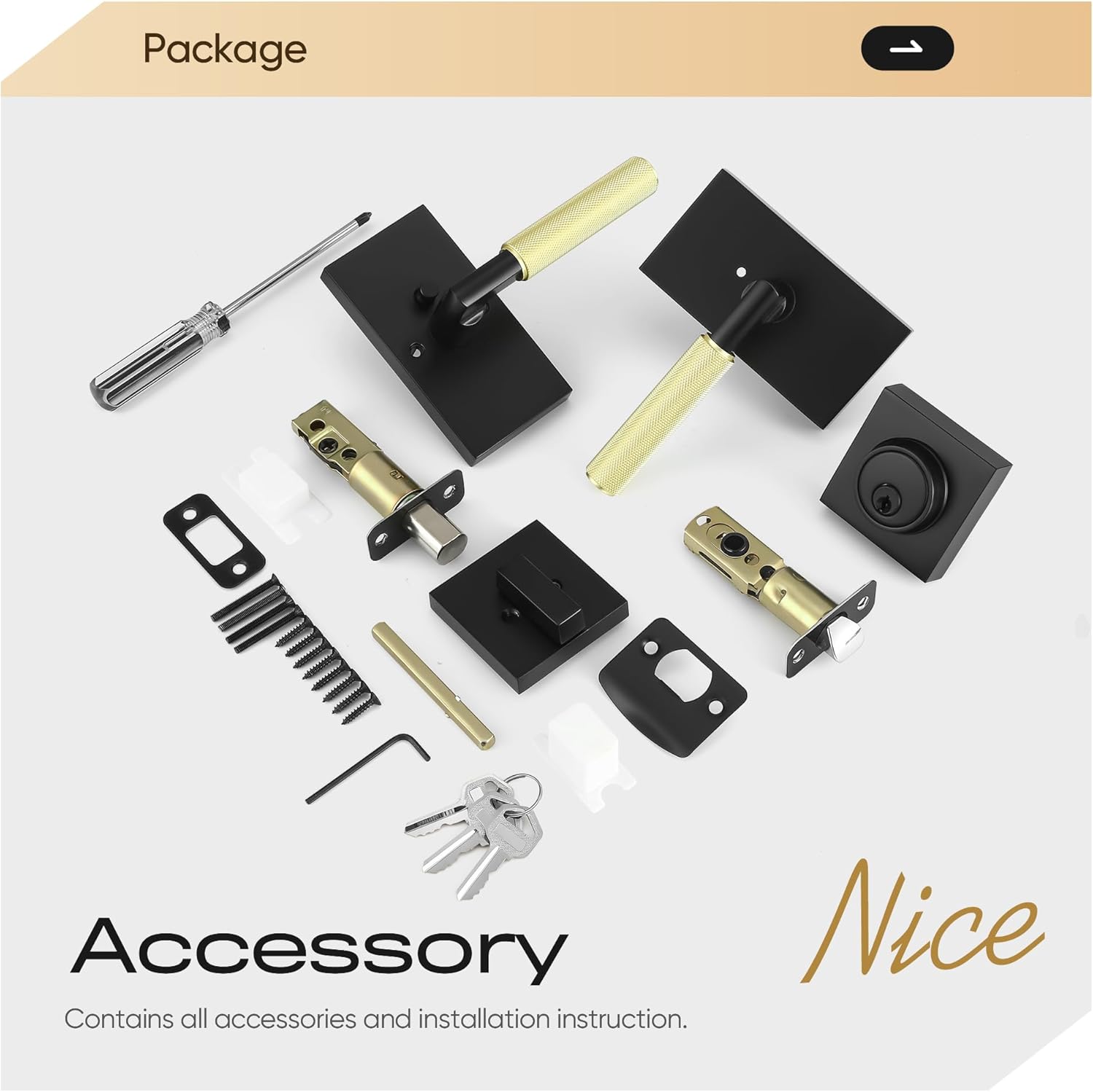 Leydebong 1 Pack Front Door Locksets with Deadbolt, Heavy Duty Black Gold Door Handles, Keyed Reversible Lever Exterior