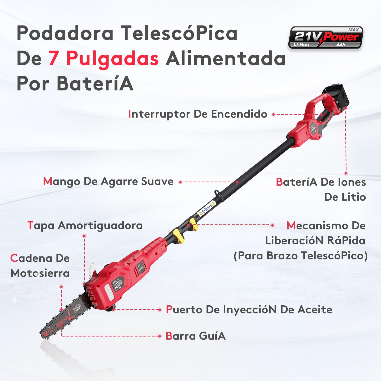 Laecabv Podadora telescópica, sierra de barra telescópica, sierra podadora eléctrica, batería 21 V 4 Ah y cargador, diámetro de corte 18 cm, velocidad de la cadena 8 m/s, autolubricante, ampliable